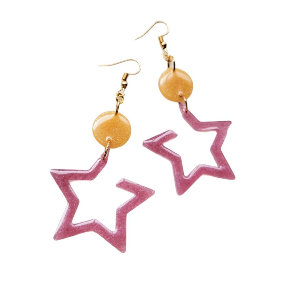 Handmade Earrings Purple and Golden Yellow Shimmering Open Star Resin Dangle